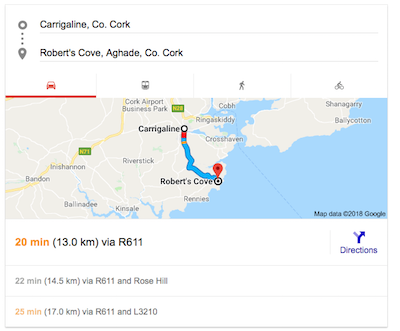 Route map from Carrigaline to Roberts Cove